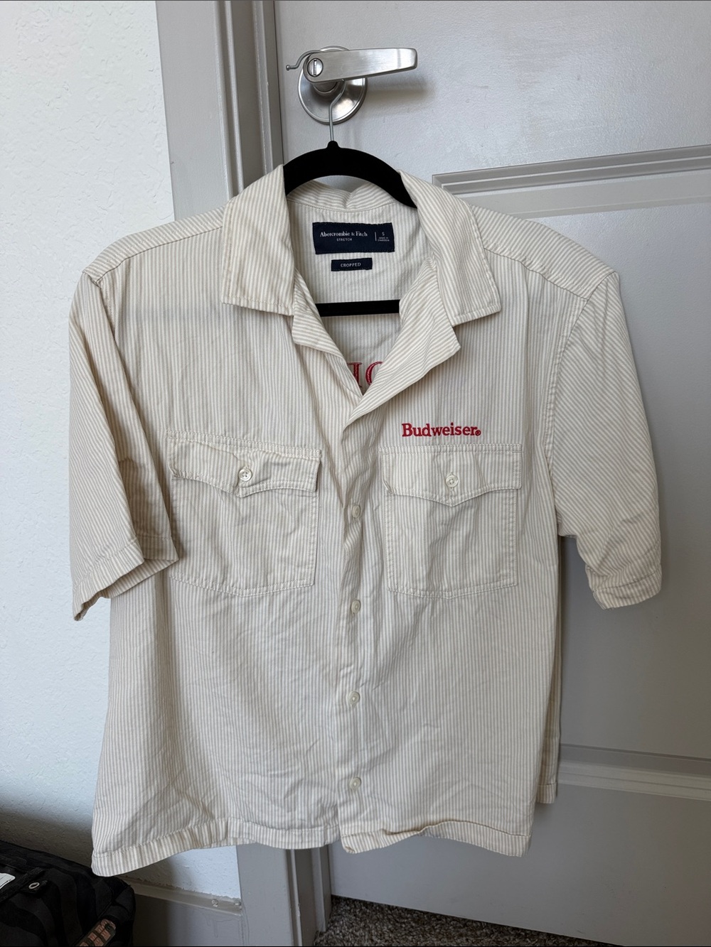 Abercrombie Budweiser Cream Pinstripe Short-Sleeve Button-Down Shirt